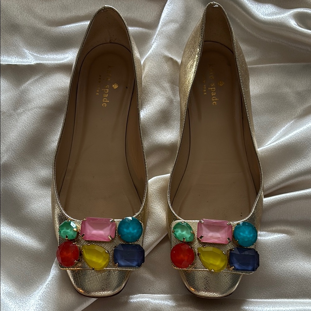 Kate Spade Gold Flats & Dust Bag with Vibrant Embellishments